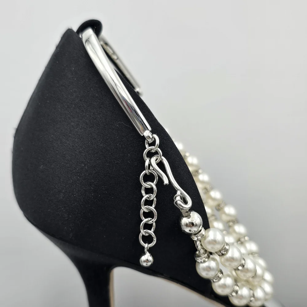 NIB Badgley Mischka Loretta Dual Pearl Strap Stiletto Heel Sandals, Black Satin - Picture 2 of 16